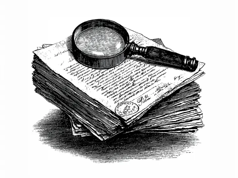 Vintage black-and-white illustration of a magnifying glass resting on a stack of legal documents, suggesting document review, investigation, and legal analysis.