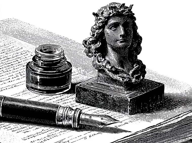 Vintage black-and-white illustration of a classical bust beside an ink bottle and fountain pen on legal documents, suggesting legal drafting, advice, and professional judgment.
