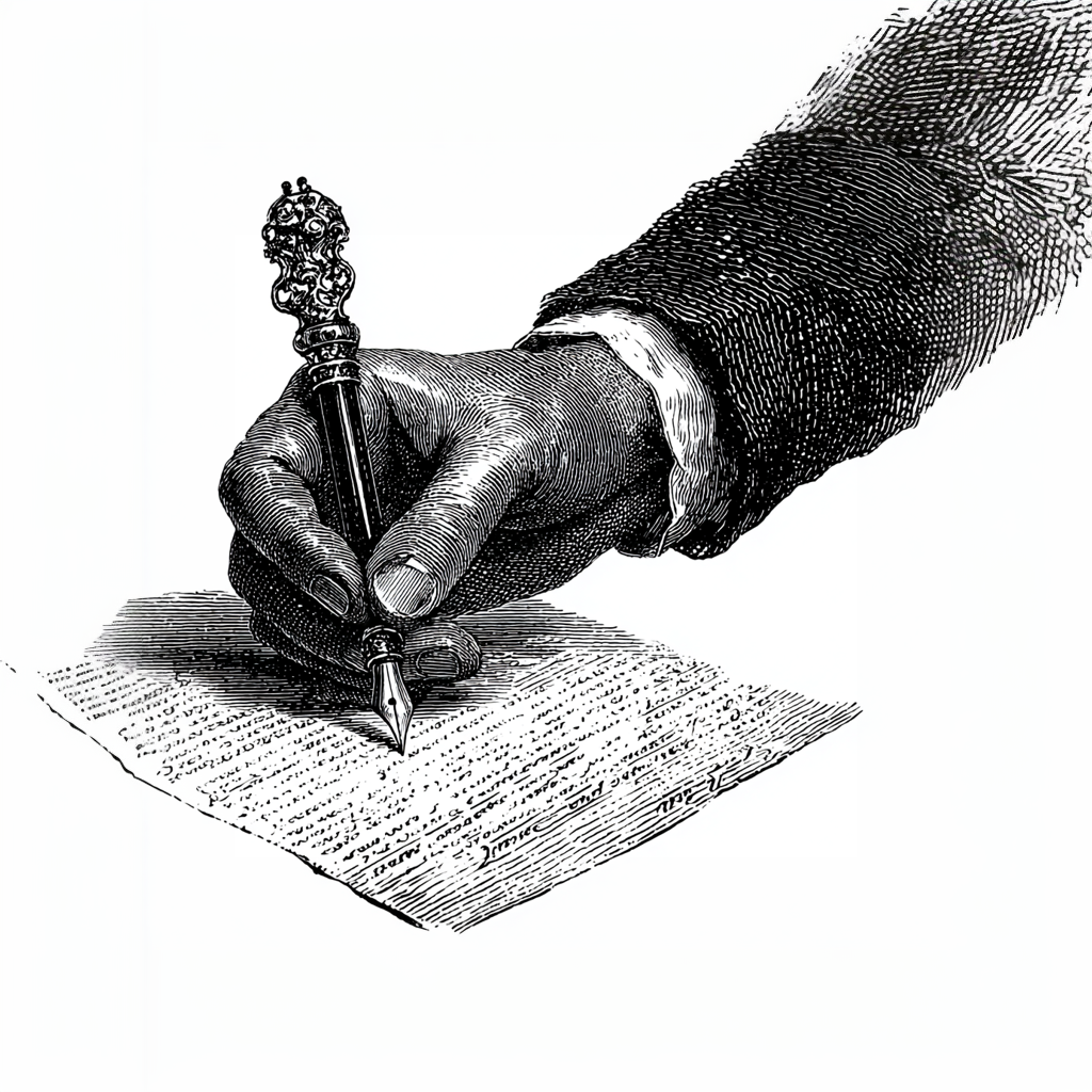 Vintage black-and-white engraving of a hand signing an employment contract with an ornate fountain pen, representing Vanguard Law’s Ontario employer-focused employment contract drafting and review services.