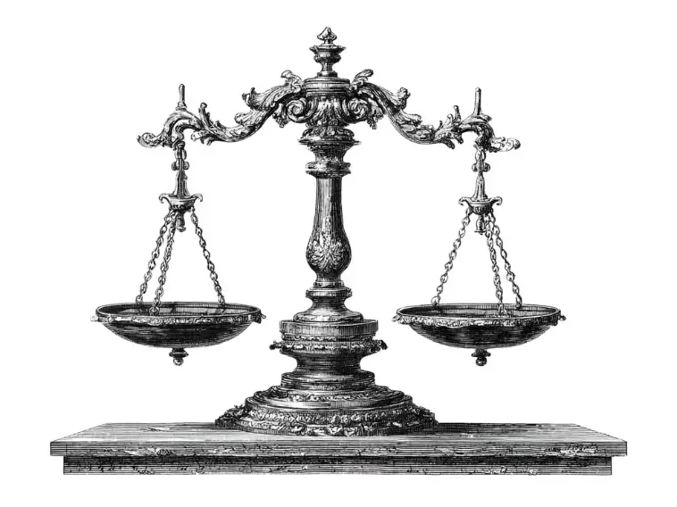 Vintage black-and-white illustration of balanced scales of justice, symbolizing fairness, legal judgment, and the weighing of legal rights and obligations.