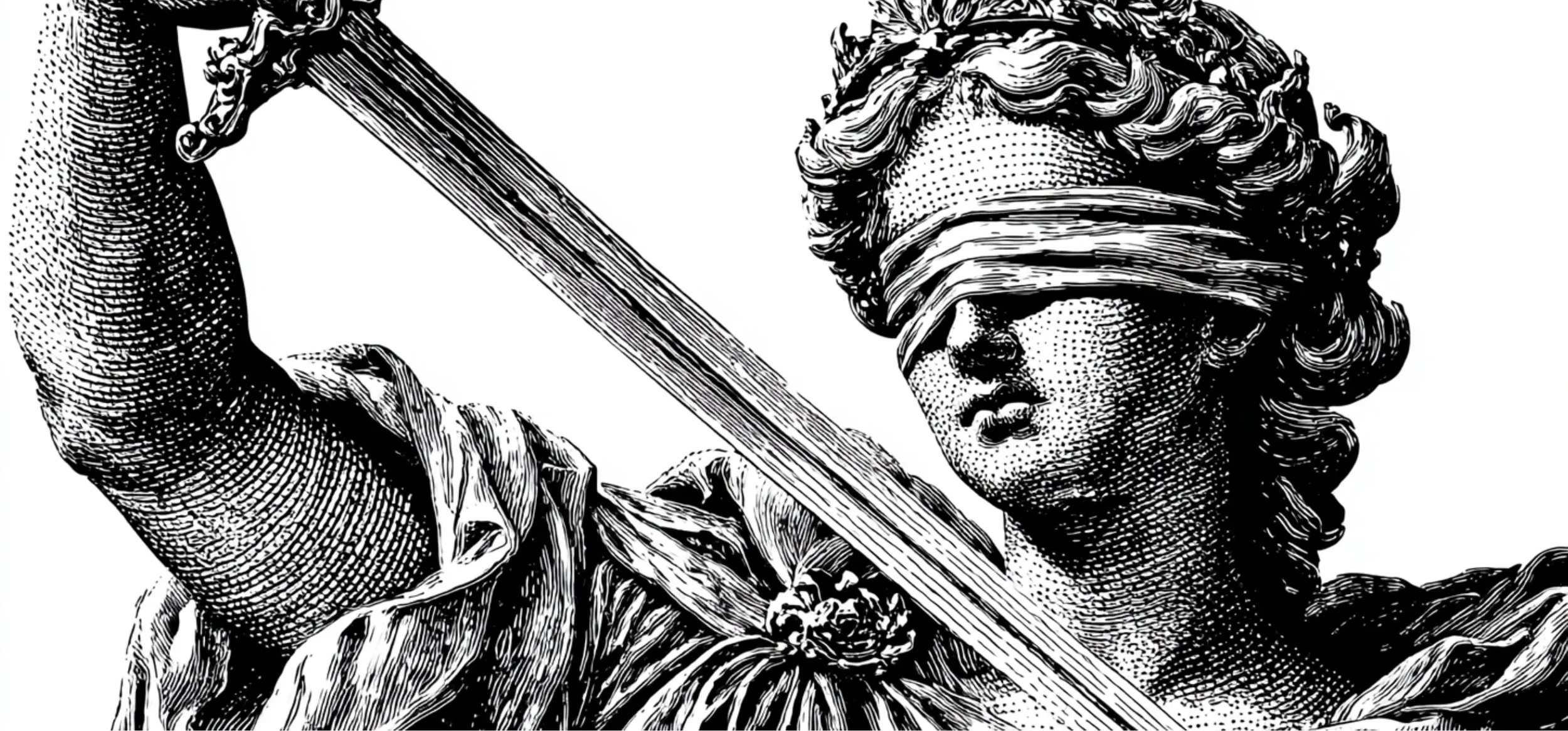 A black and white illustration of a classical statue of a woman with a blindfold, holding a sword.