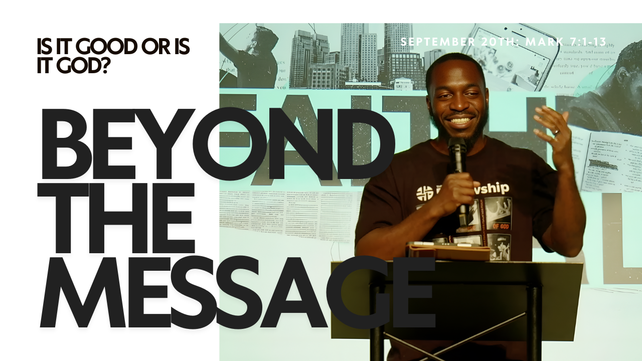 A man speaking into a microphone at a church service or conference. The background features images of city buildings and people, with text displaying the date September 13th and scripture Mark 6:45-54. Bold black text reads "Beyond the Message" and "Get Close to God."