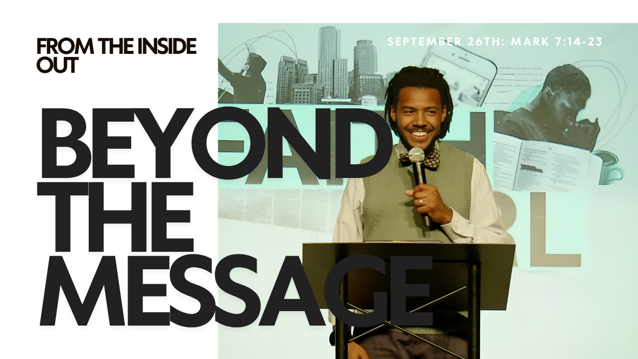 A man speaking into a microphone at a church service or conference. The background features images of city buildings and people, with text displaying the date September 13th and scripture Mark 6:45-54. Bold black text reads "Beyond the Message" and "Get Close to God."