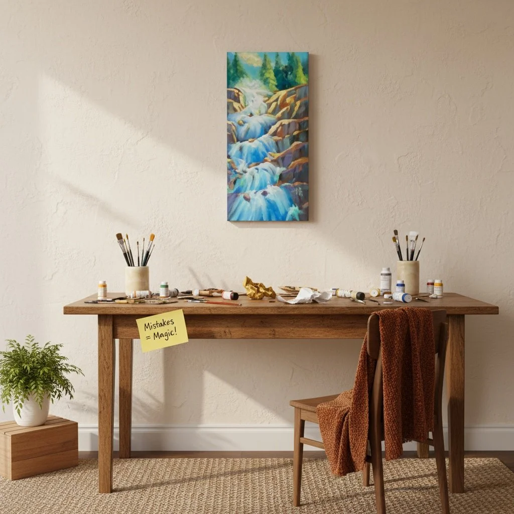 Mistakes turn into magic in here. 

Ever squeeze out too much paint, then somehow end up loving the wild new colour you mix? Or start a piece, only for it to go totally sideways&mdash;and then become a favourite?

In this corner of the studio, every 