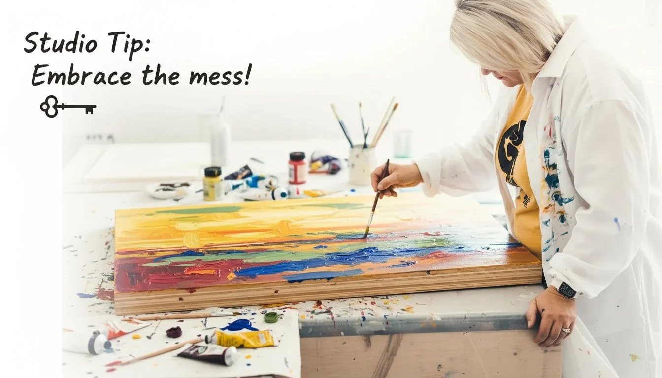 Ever wonder what a real art mess looks like?

Today&rsquo;s studio tip: Embrace the glorious chaos! 🎨 Paint tubes rolling, colours blending in wild ways, and yes&mdash;sometimes my sleeves end up more colourful than the canvas. The best ideas sneak 