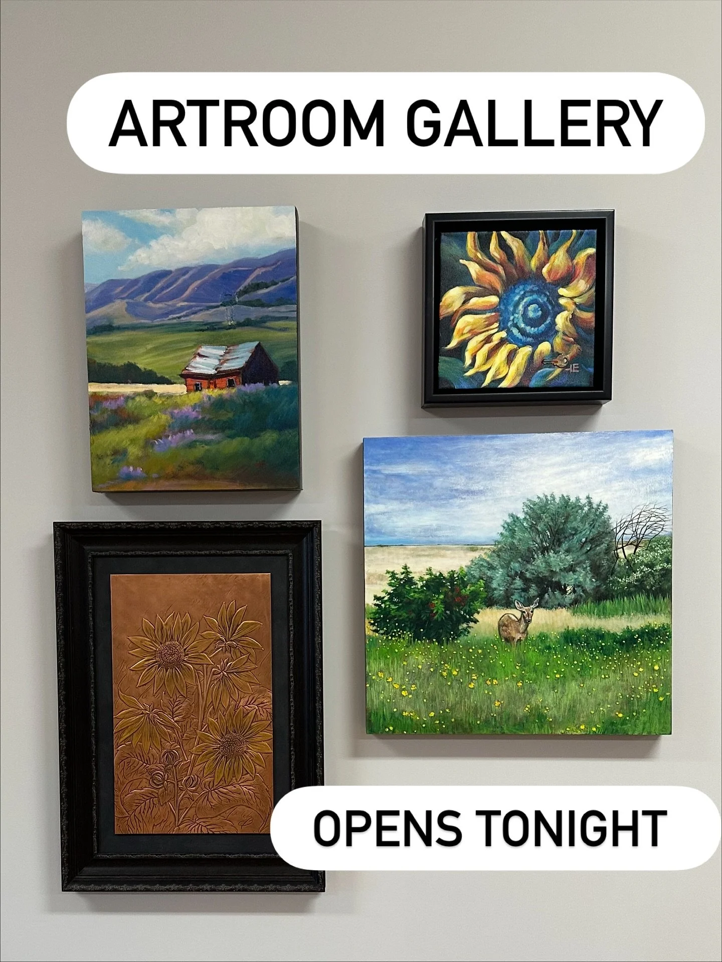 We are ready to open! ❤️🔑 
A sample wall of the new artwork in the gallery. 🙌 
ART ROOM artists are working hard to bring a cozy new pop up gallery for the month of November to Medicine Hat! 
Dates: Nov. 6th&ndash;29th
Location: Historic Downtown M