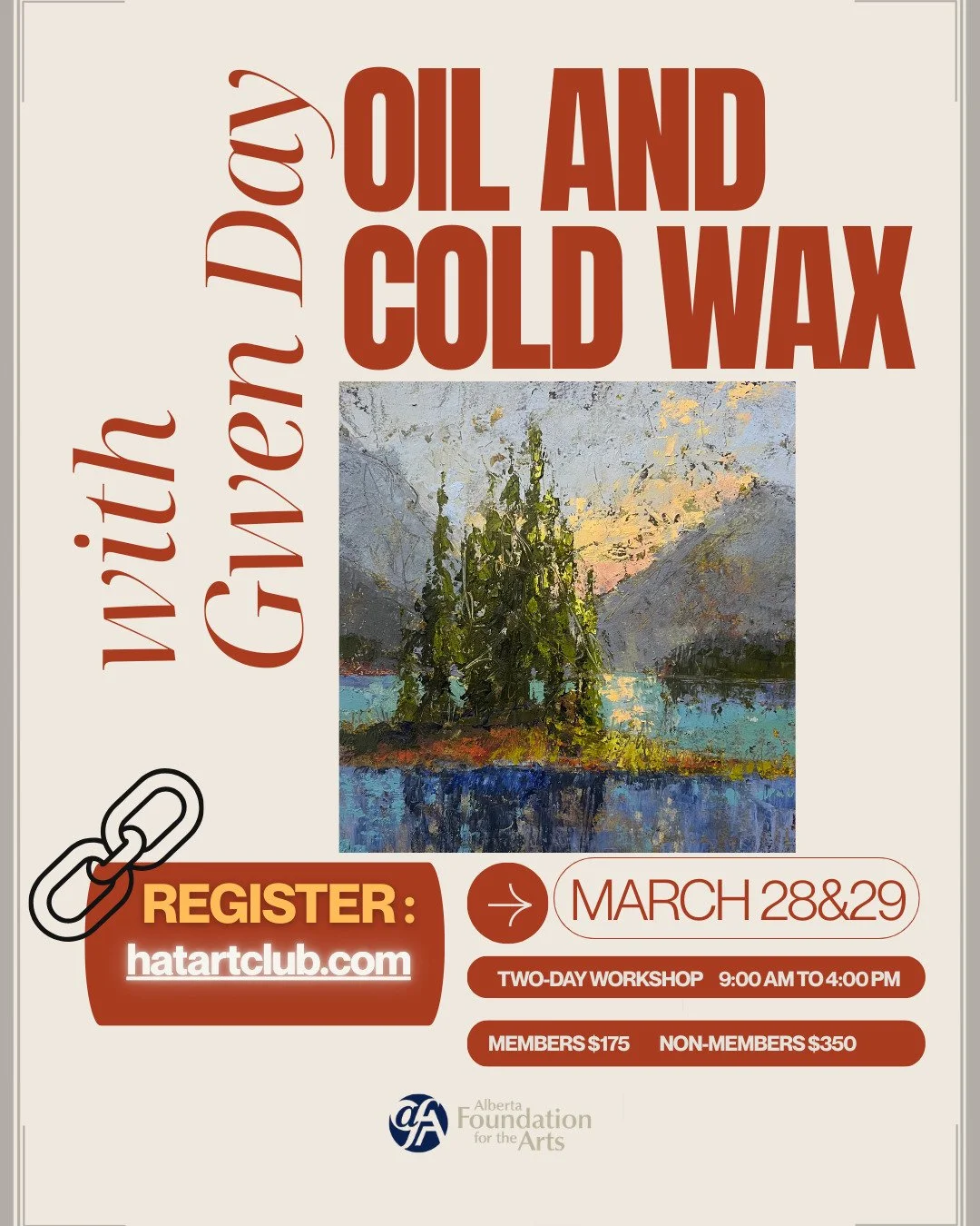 This will be a great workshop to take with the Hat Art Club...I'm registered as I want to learn how to use the Cold Wax medium. Gwen Day is an expert at this, and I only want to learn from the best!
The Workshop is coming up - March 28-29.
Register o