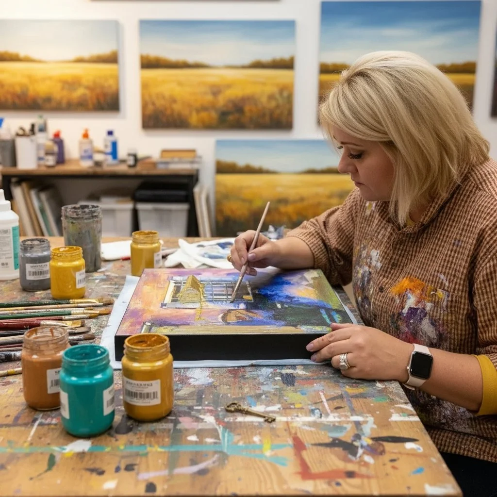 Wet paint, prairie light, and secrets. Ever wonder how a blank birch board becomes a story you can touch? Each layer holds a memory, every brushstroke a piece of home. The antique key waits for its place. Step inside the studio magic&mdash;curious to