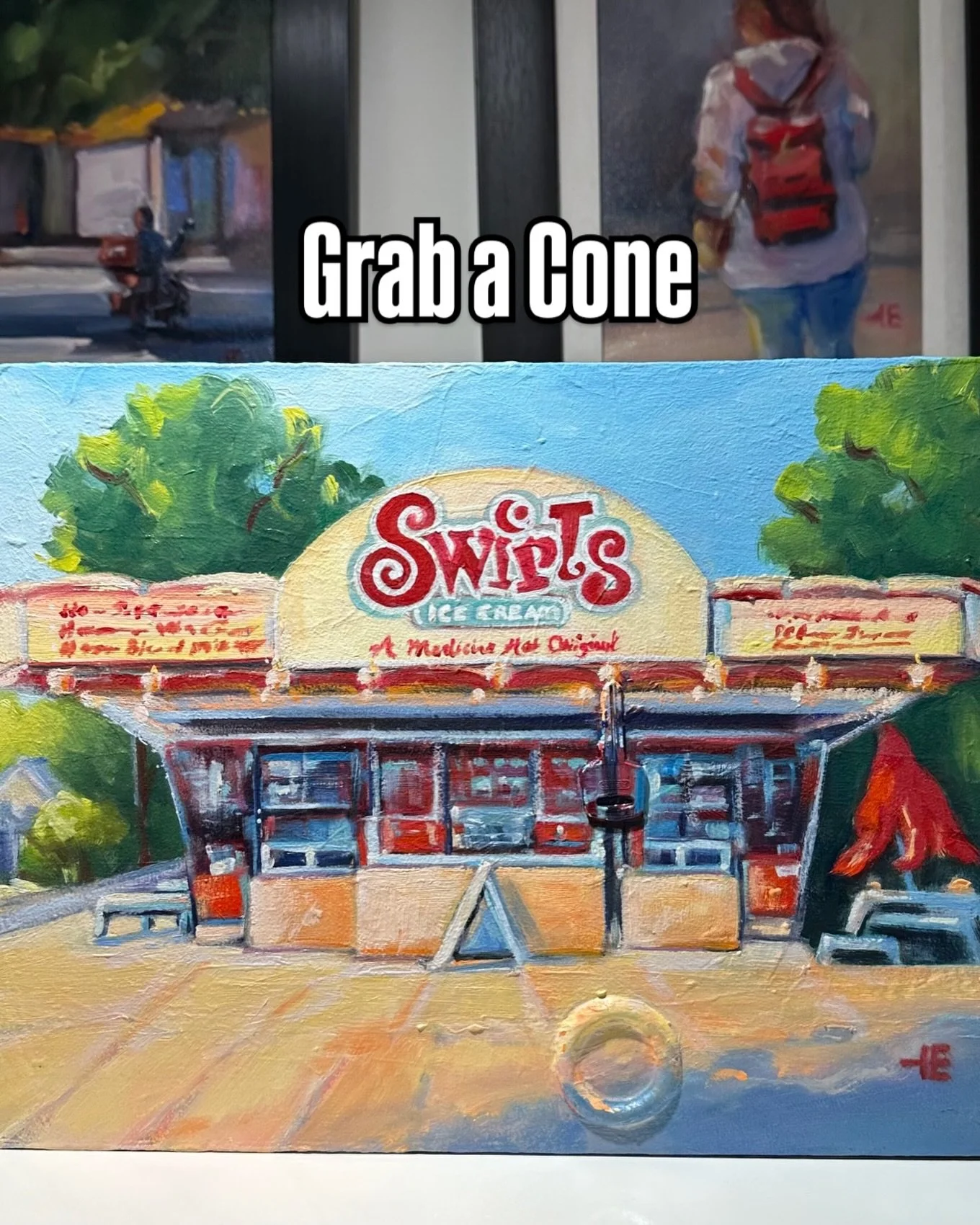 Well I think it&rsquo;s finished. 
One of my first business portraits in oil.
&ldquo;Grab a Cone&rdquo;
Swirls Ice Cream
12x16
Oil on Birch