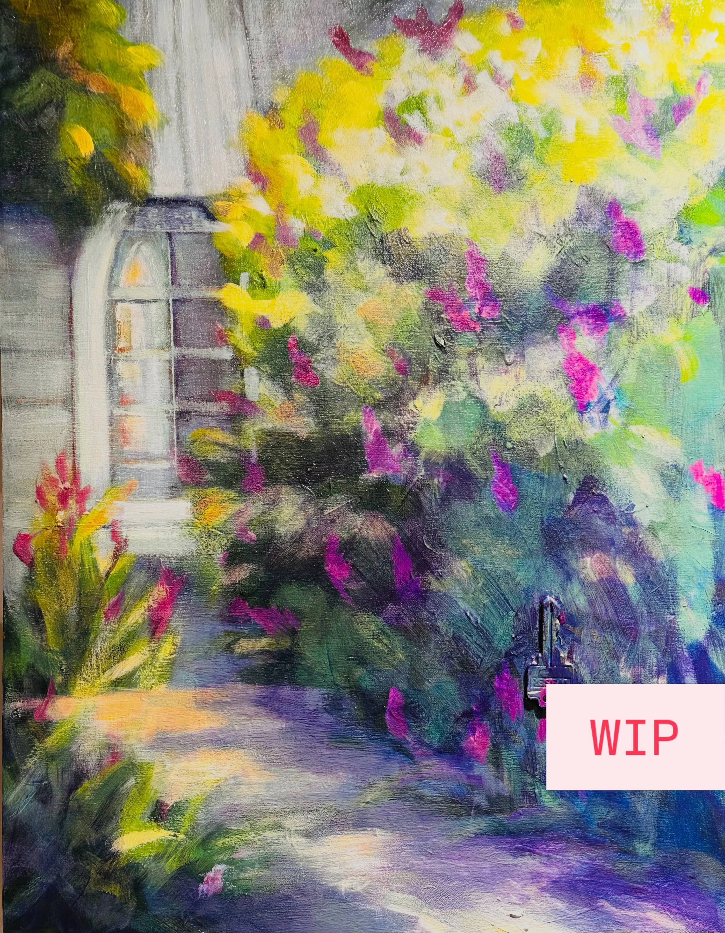 There&rsquo;s something about a church window&hellip; it just pulls you in a little.
I started this one last year and came back to it with the lilacs blooming now&mdash;it&rsquo;s shifted into more of a summer feeling. The path, the window, the softn