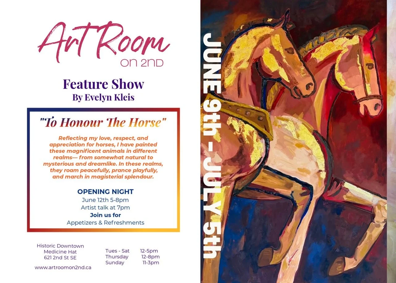 We&rsquo;re proud to present &ldquo;To Honour the Horse&rdquo;, a feature show long in the making for Medicine Hat artist Evelyn Kleis.
After more than 30 years devoted to the visual arts, Evelyn has generously shared her time, expertise, and support