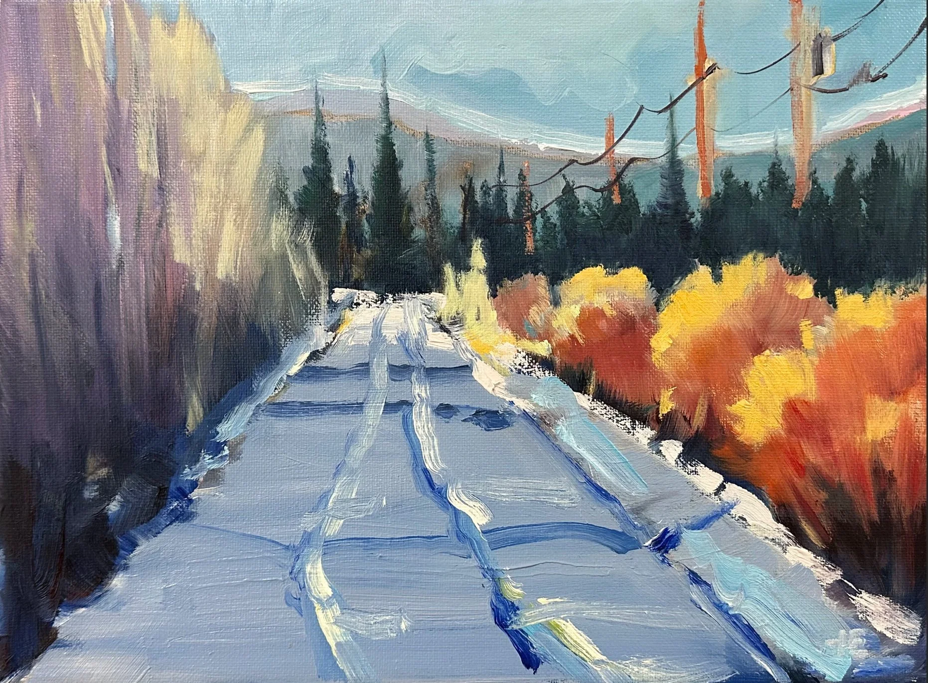 Winter Road, Quiet Light – 8x10” Original Oil Painting by artist Theresa Eisenbarth