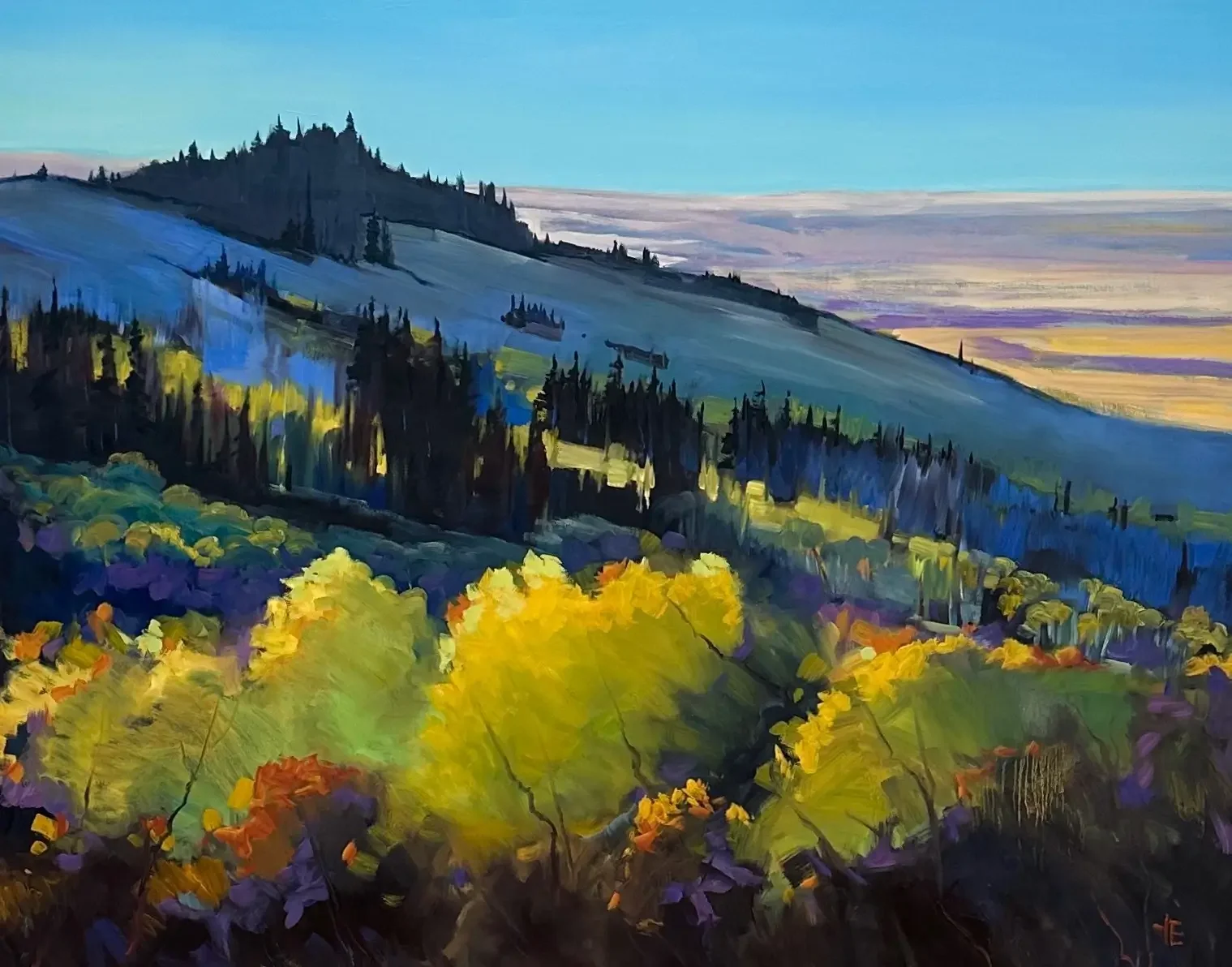 A colorful landscape painting of a hillside covered with yellow and purple foliage, trees, and distant mountains under a blue sky with a sunset.