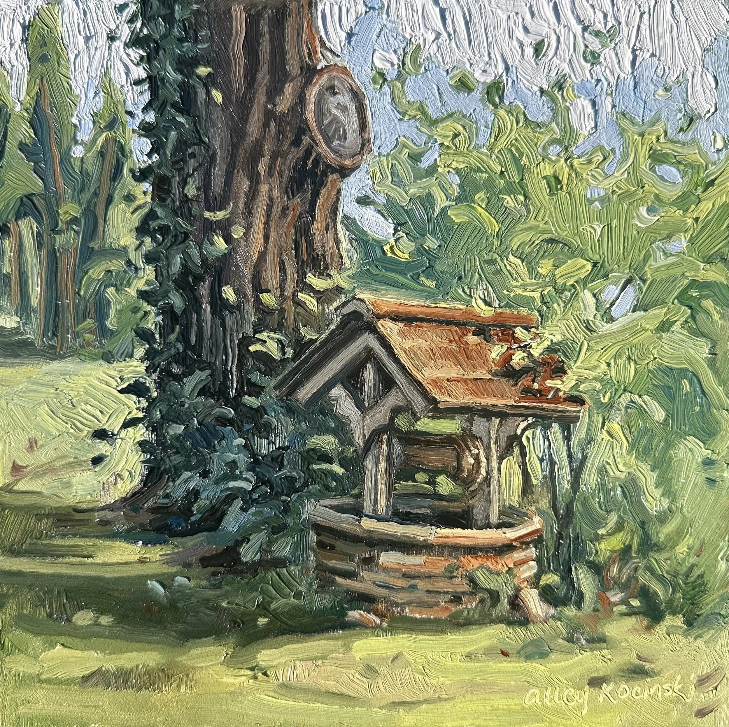 "Wishing Well" 8x8 oil, Wheaton Illinois, available