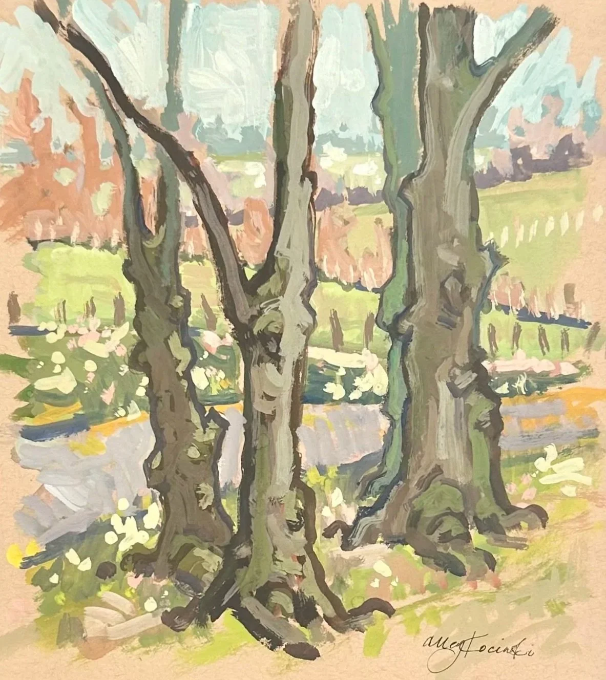 Trees in the Rain 6x7 gouache, available