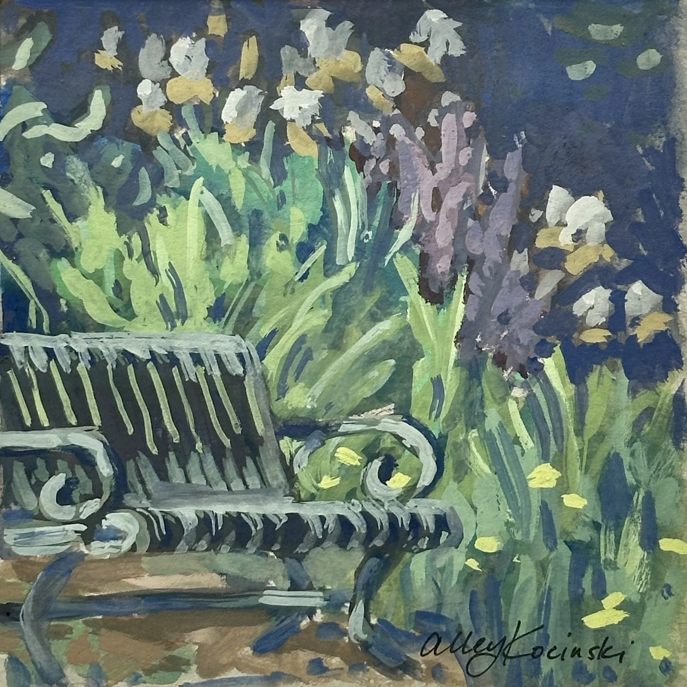 "In the Garden" ~5x5 gouache, Fort Collins Colorado, available