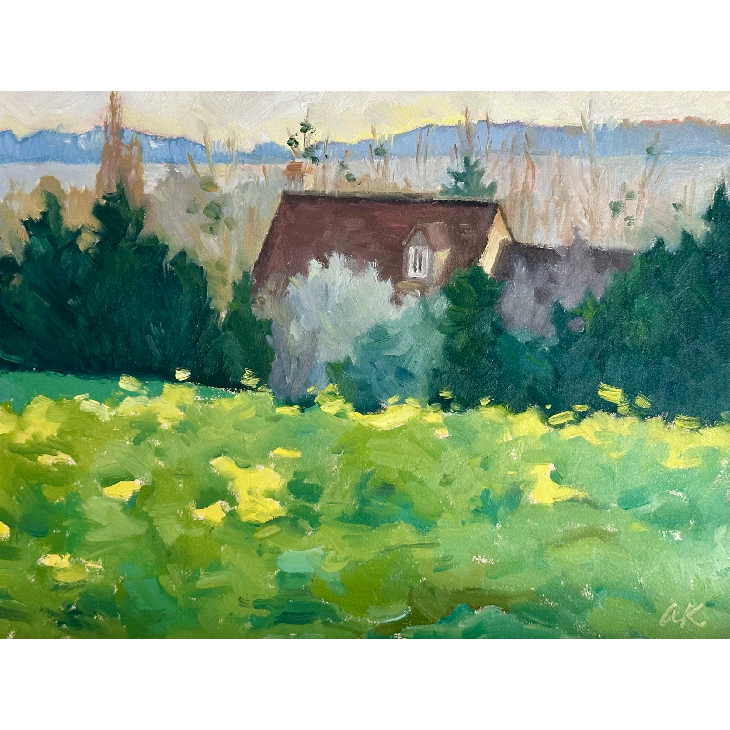 oil painting of the french countryside with a large green field in the foreground with yellow flowers, a cottage hidden behind trees, and distant hazy hills