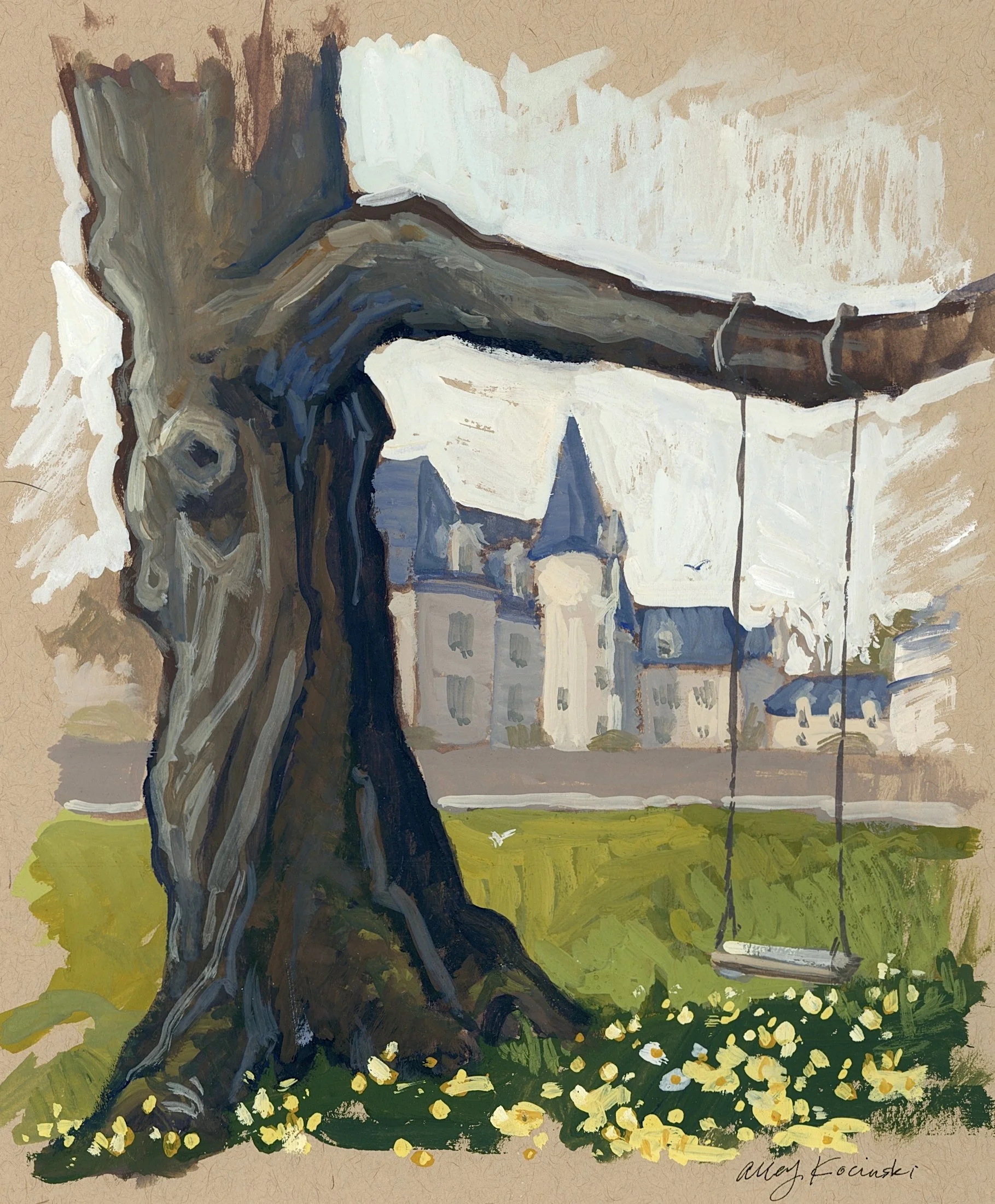 Chateau from the Tree Swing, gouache, NFS