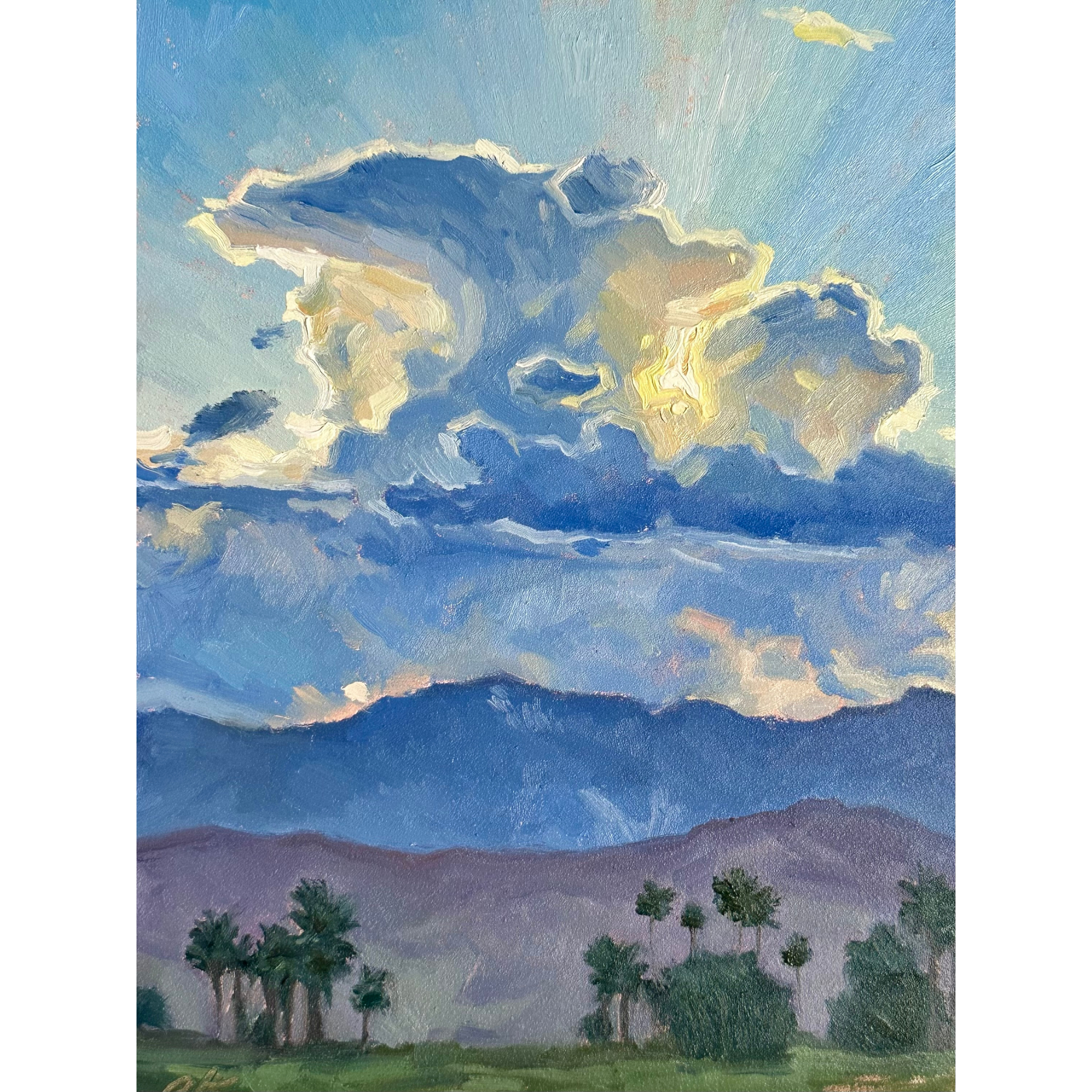 oil painting of large clouds above mountains and palm trees, with sun rays shining from behind the clouds