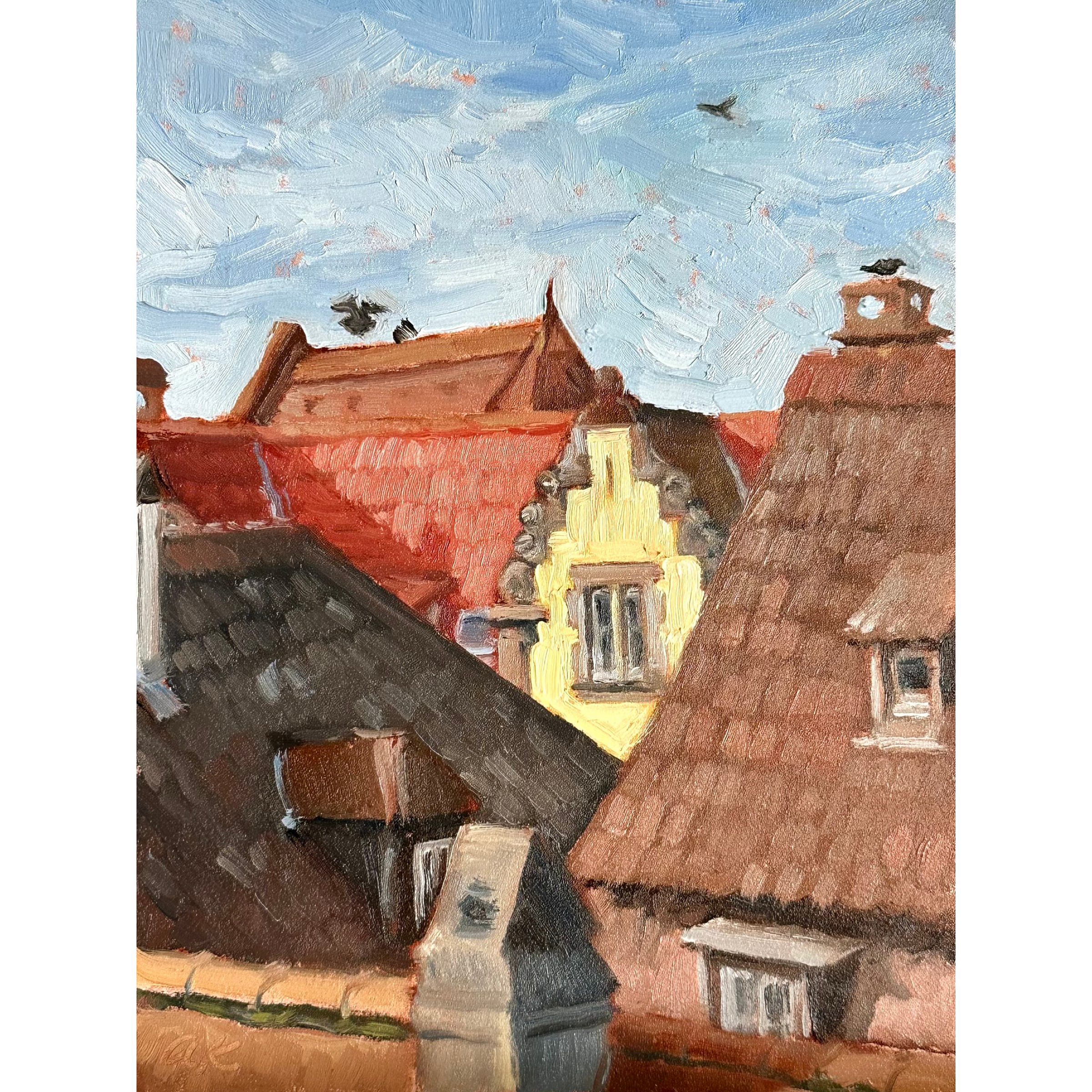 oil painting of colorful rooftops overlapping each other and some birds landing on the roofs