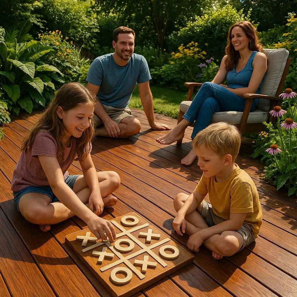 A family of four playing tic-tac-toe on a wooden deck outdoors, with lush greenery and flowers in the background.
