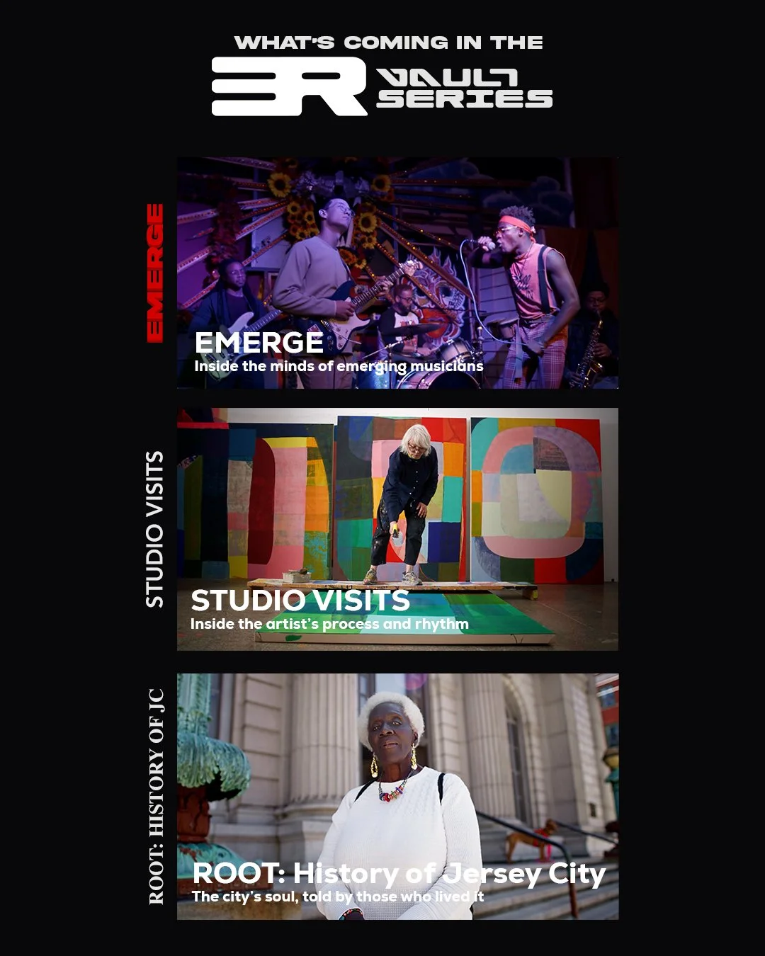 Poster featuring three sections promoting cultural and artistic explorations in Jersey City, including emerging musicians, artist's process, and local history.