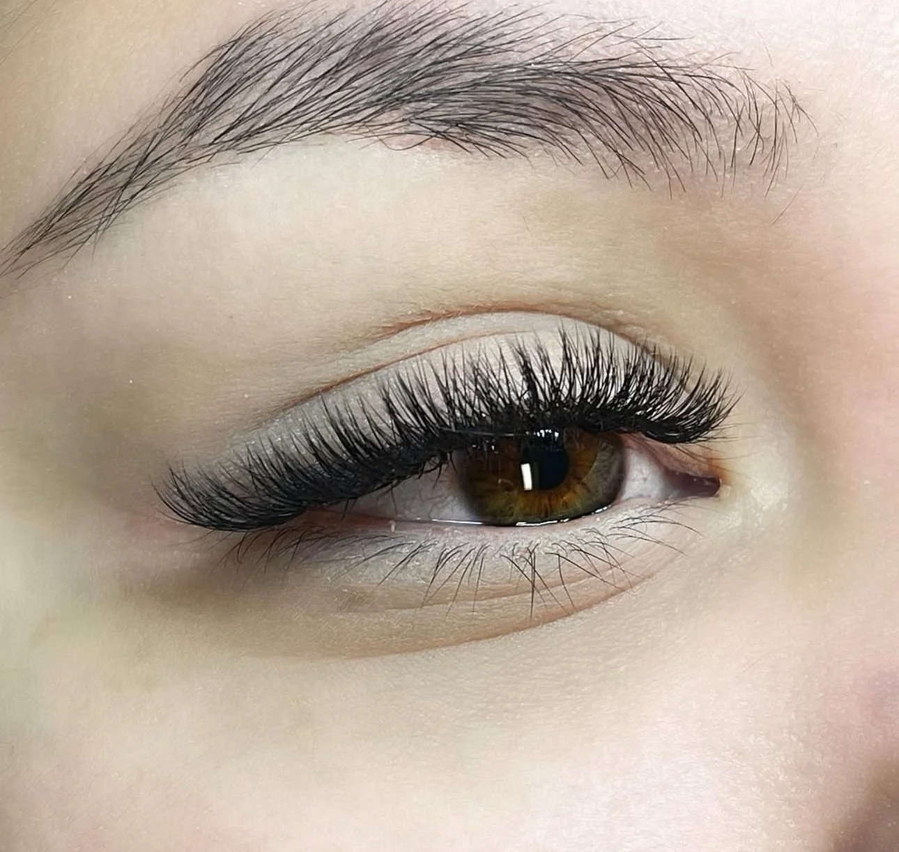 Close-up of a single eye with brown irises, long black eyelashes, and well-groomed eyebrows.