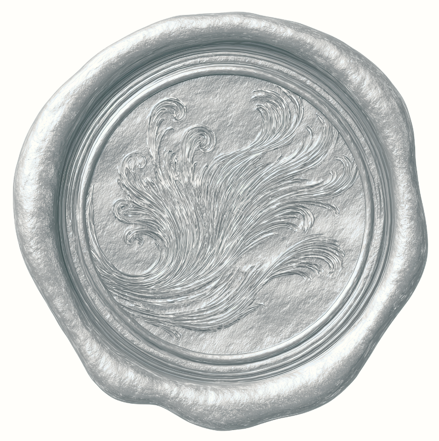 Silver wax seal with swirling wave design.