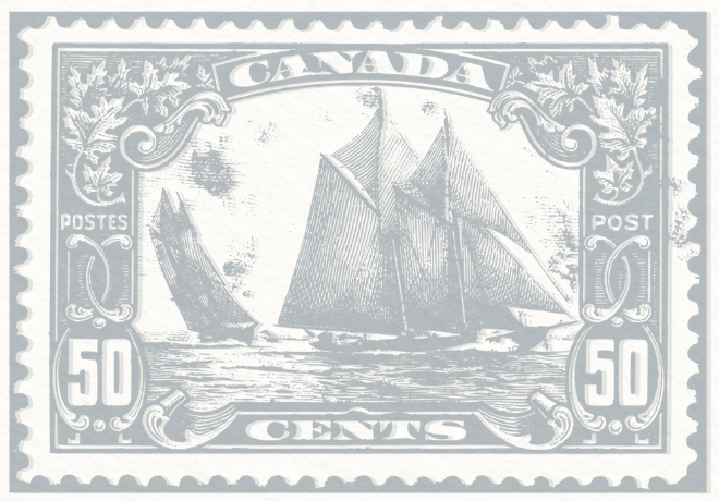 A vintage Canadian 50-cent postage stamp featuring a sailing ship in the sea.
