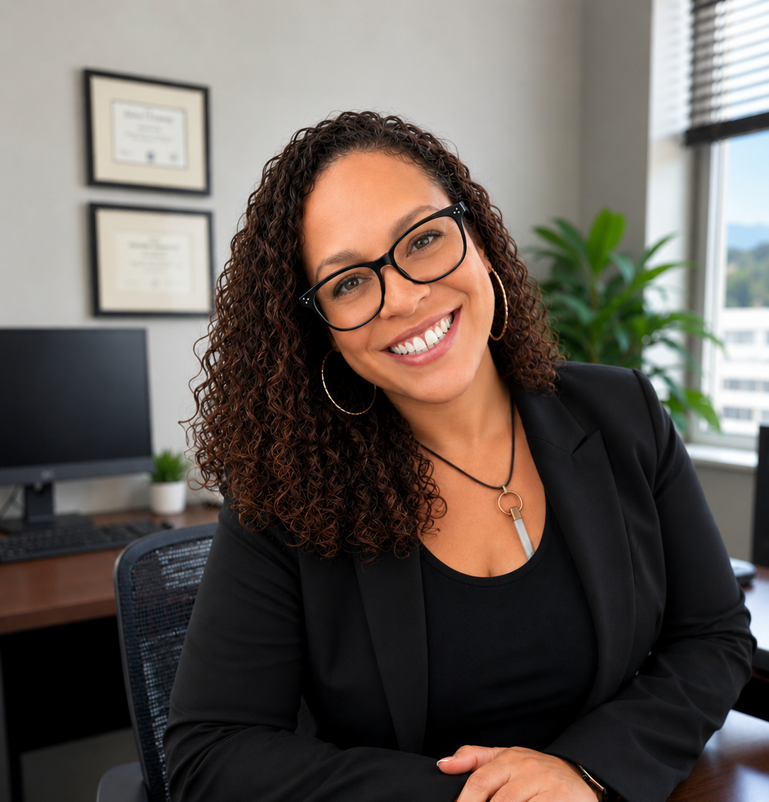 A woman with curly hair wearing glasses, a black blazer, and hoop earrings smiling in an office setting.