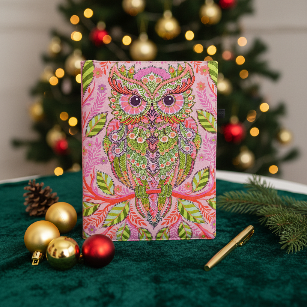 Handmade Tula Pink Hootie Journal Cover – Fabric Notebook Sleeve with Pen Loop & Card Pockets