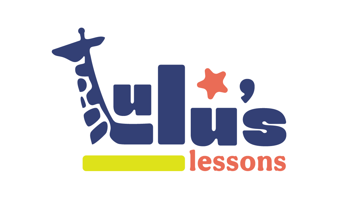Logo with a giraffe illustration and the words 'plus lessons' in stylized blue and red text.