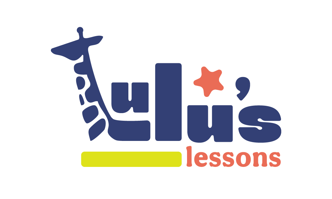 Graphic design of the word 'plus' with a giraffe head and a star above the 'u', with the word 'lessons' in red underneath.