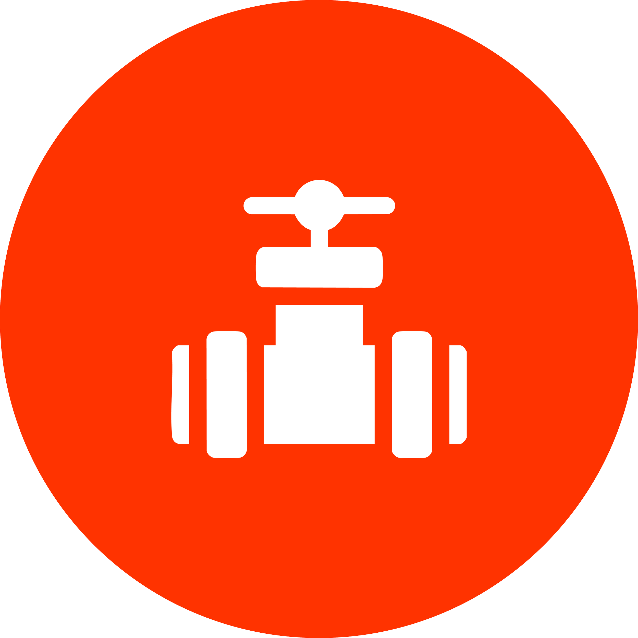 Robotic lawn mower icon on a red circular background.