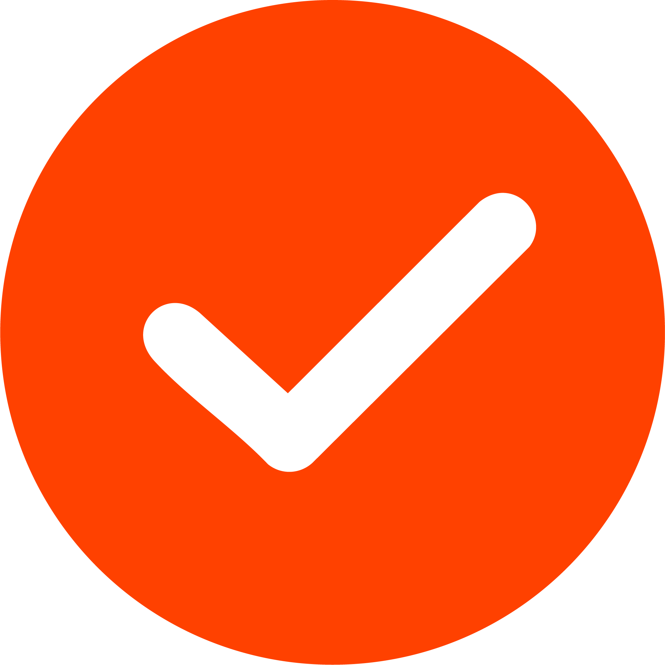 Orange circular badge with a black checkmark in the center.