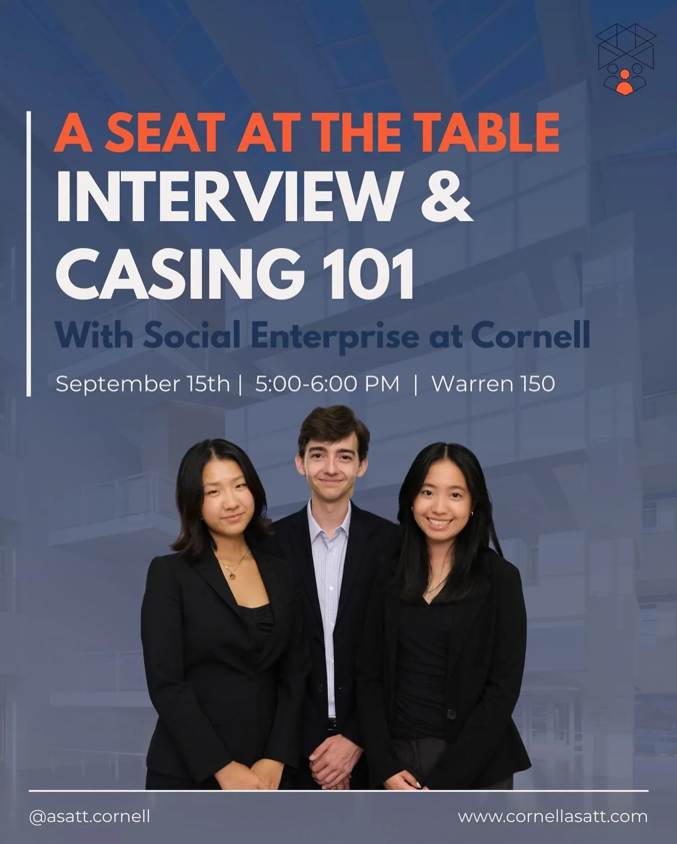 Our Interview and Casing 101 Workshop in collaboration with Social Enterprise at Cornell is TOMORROW @ Warren 150 from 5-6 PM! Make sure to come to learn strategies on basic behavioral questions, casing, and interviewing in the corporate world and cl