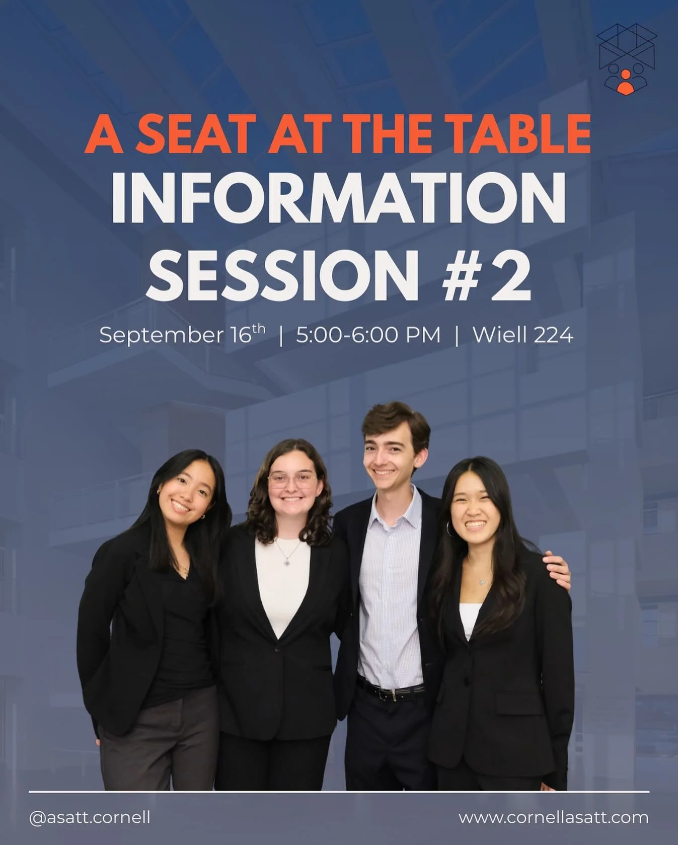 Our LAST recruitment event is happening TODAY! Information Session #2 will be from 5-6 PM @ Weill 224! We hope to see you there!!!