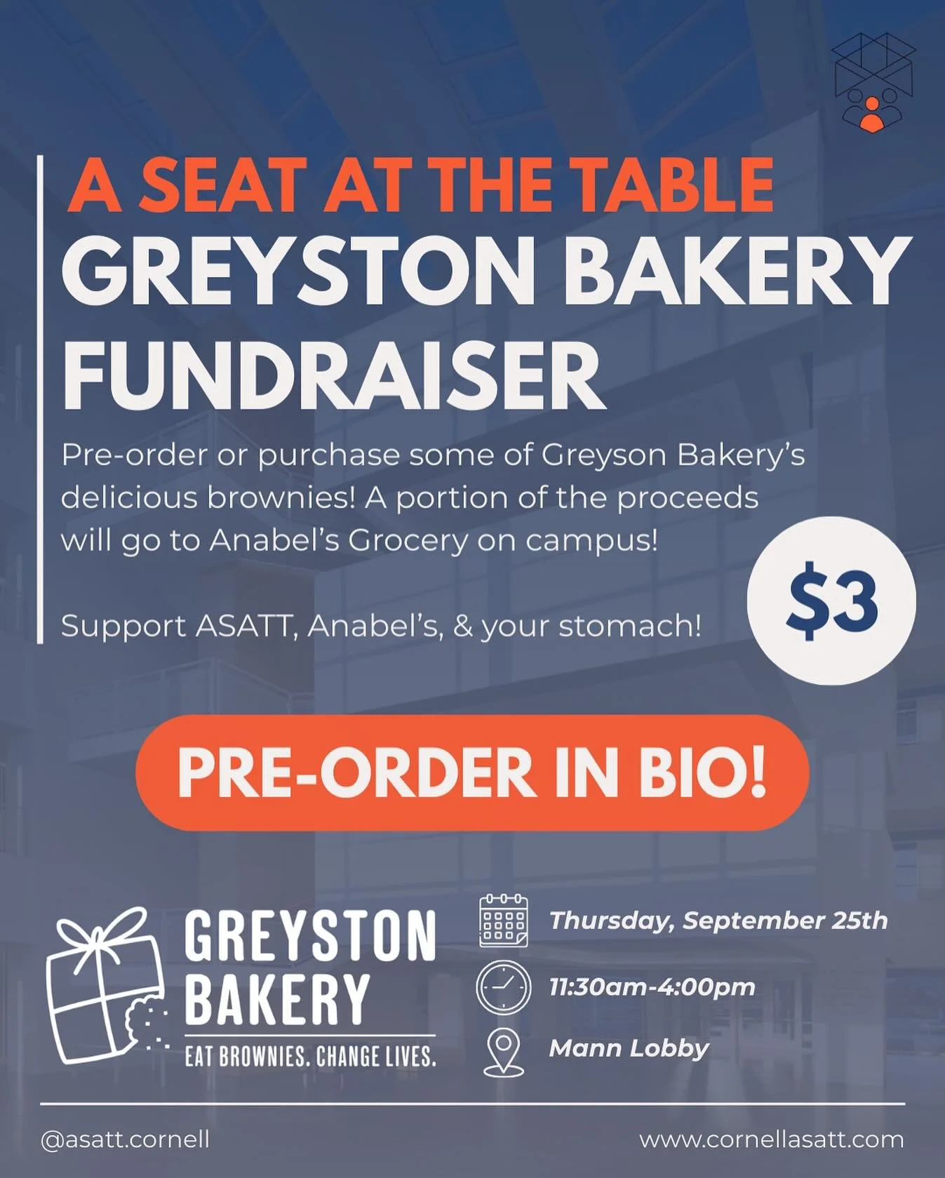 are you struggling your way through prelim season??? do you need a sweet treat as a pick-me-up?? ASATT has the perfect thing for you! pre-order (or purchase day-of) one of our Greyson Bakery Brownies to satiate your study cravings! 
a portion of all