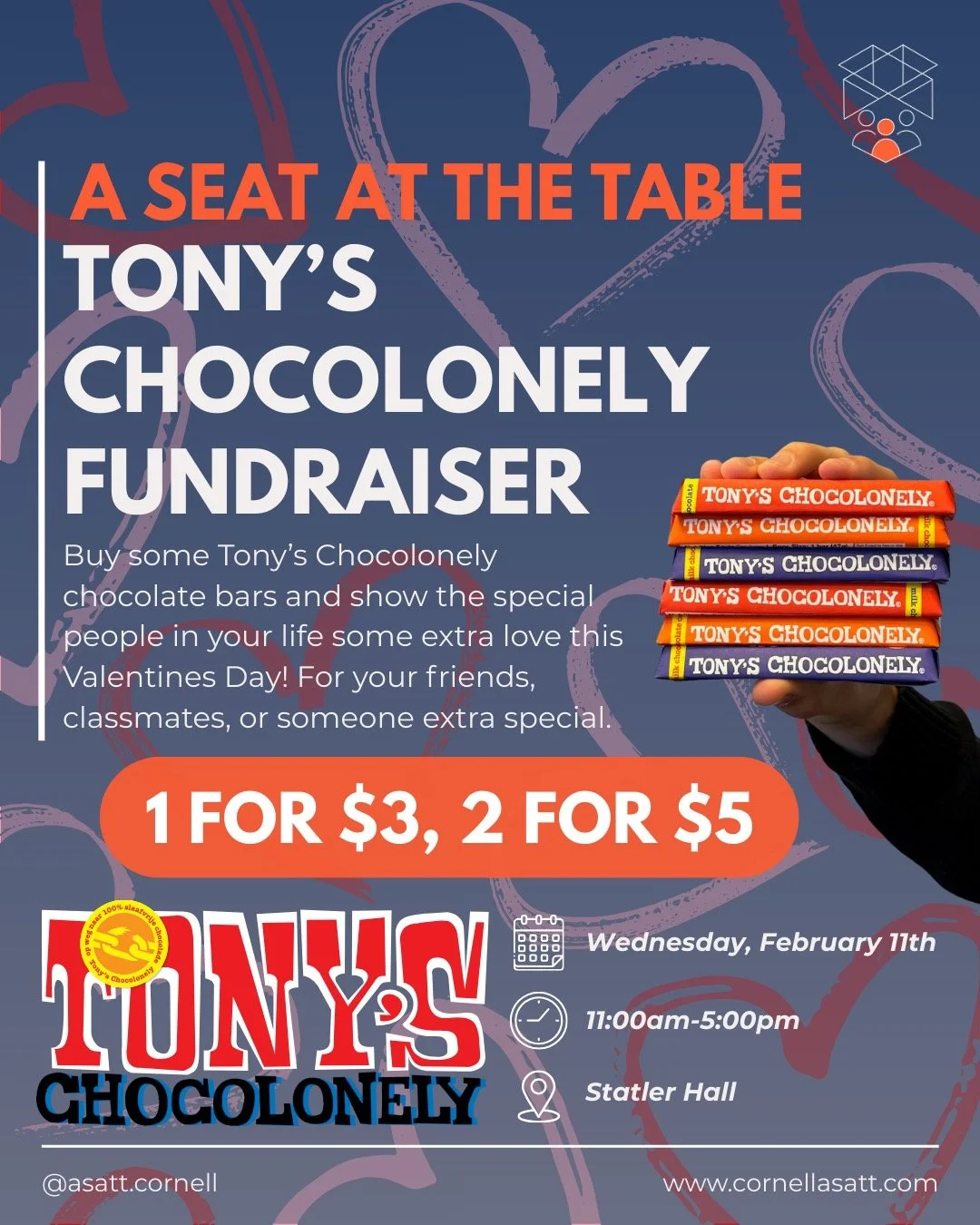 Looking for a sweet way to show some Valentine&rsquo;s love? 🍫💝

Stop by Statler Hall on Wednesday, February 11th from 11am to 5pm to grab Tony&rsquo;s Chocolonely chocolate in support of ASATT. Perfect for a special someone, a friend, or yourself 