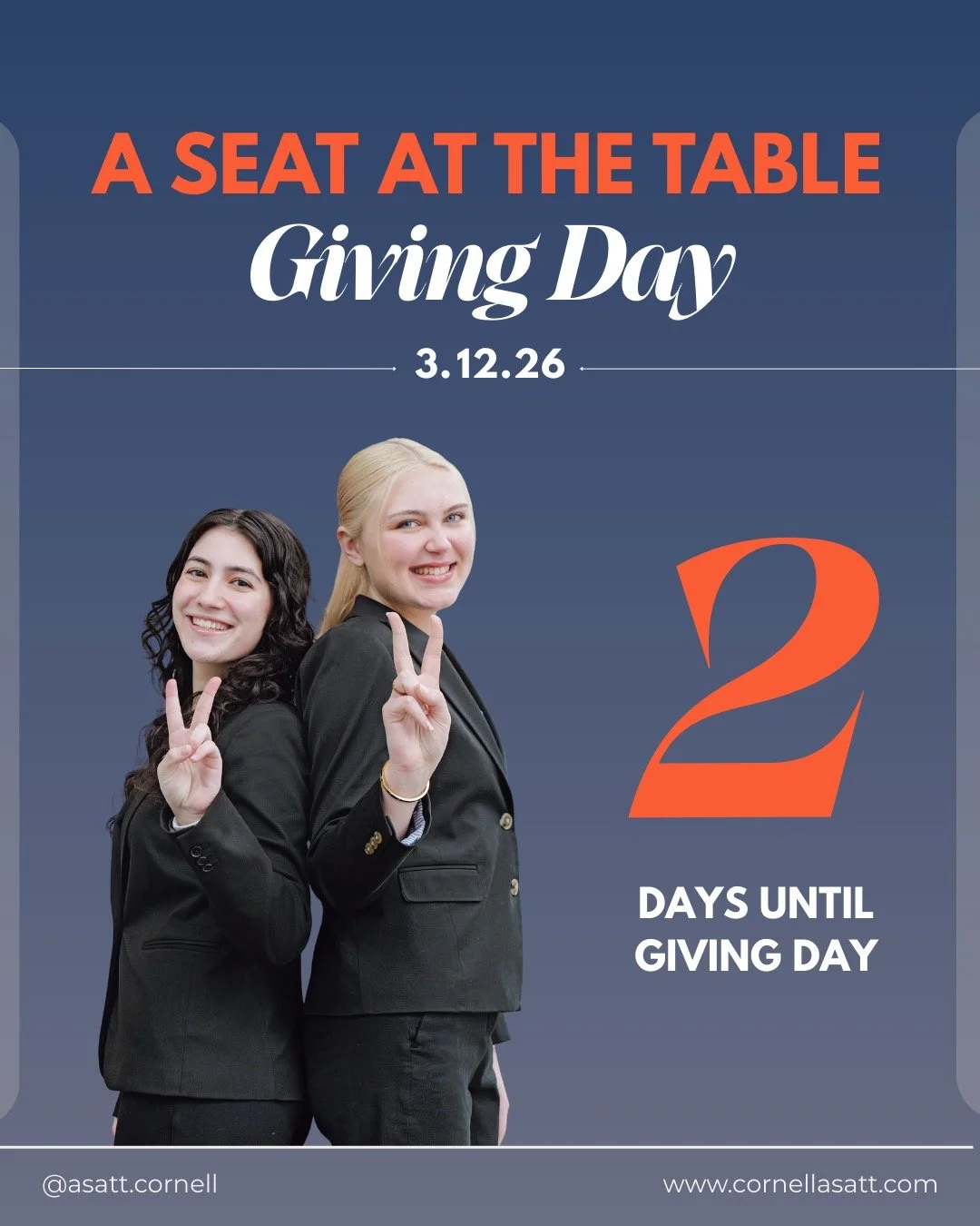 ⏳Only 2 days until Cornell Giving Day!

This Thursday, March 13, support Cornell&rsquo;s first and only business ethics organization, A Seat at the Table. Your donation helps us create impactful opportunities for our members and continue building a c