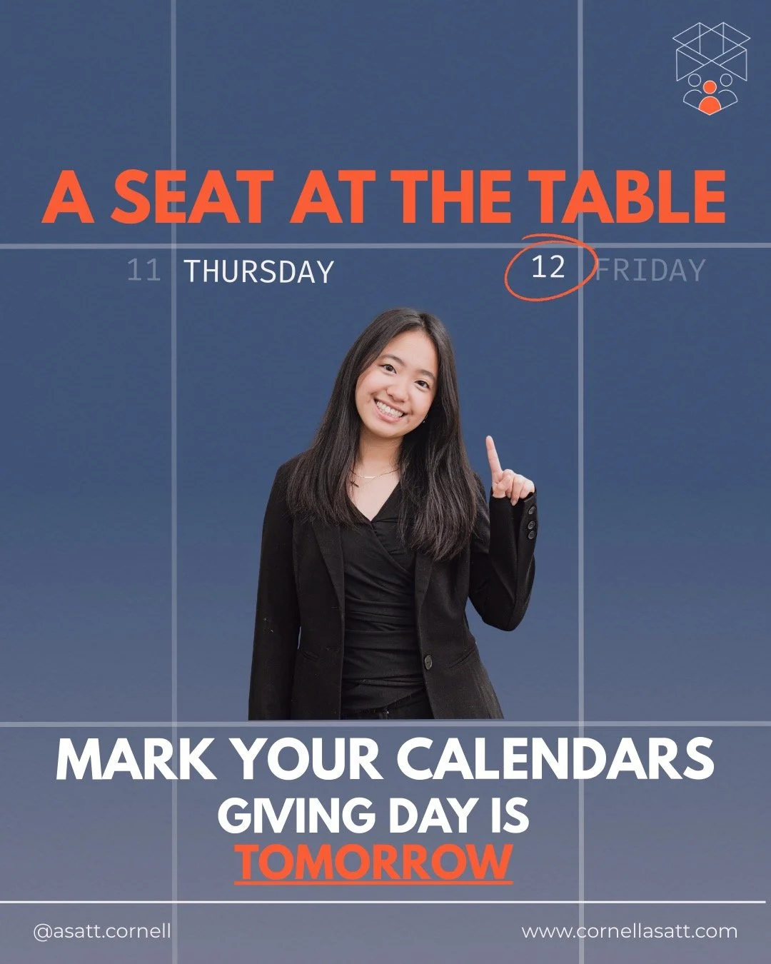 📅 Mark your calendars! 

The wait is almost over&hellip; Giving Day is TOMORROW! 

Join us in supporting A Seat at the Table, Cornell&rsquo;s first and only business ethics organization. Your support helps us continue creating impactful experiences 