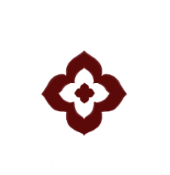 Black background with a red floral or geometric design in the center.