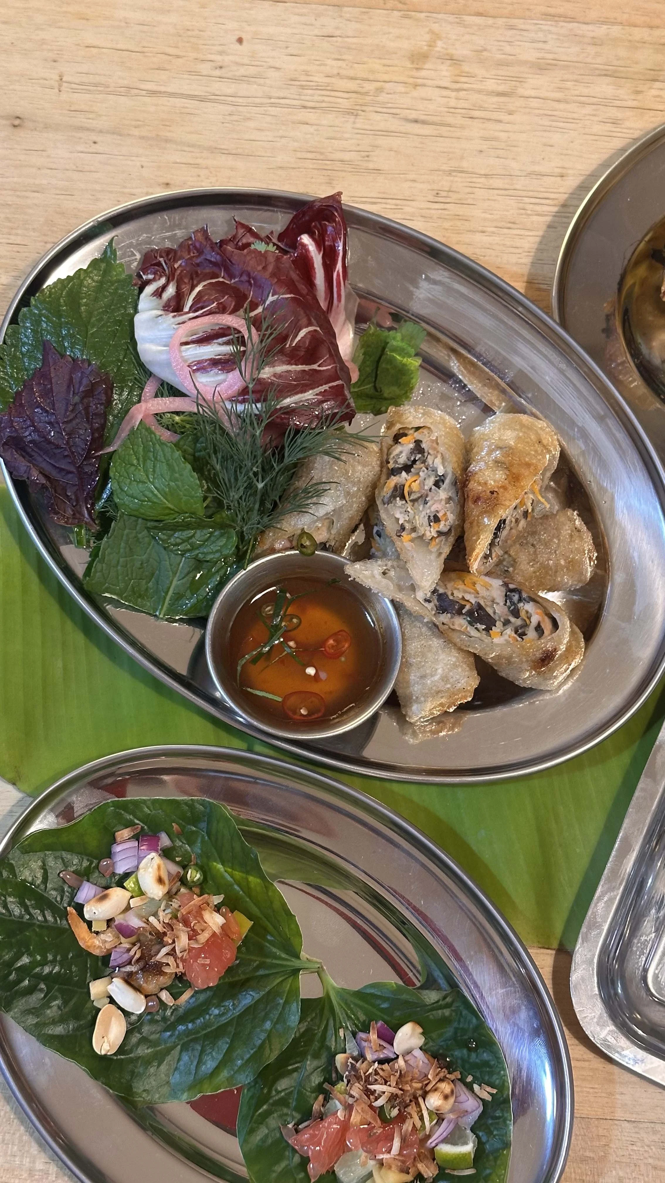 Plate with fresh herbs, greens, and spring rolls with dipping sauce, alongside a plate of salad with greens, sliced onions, tomatoes, and nuts.