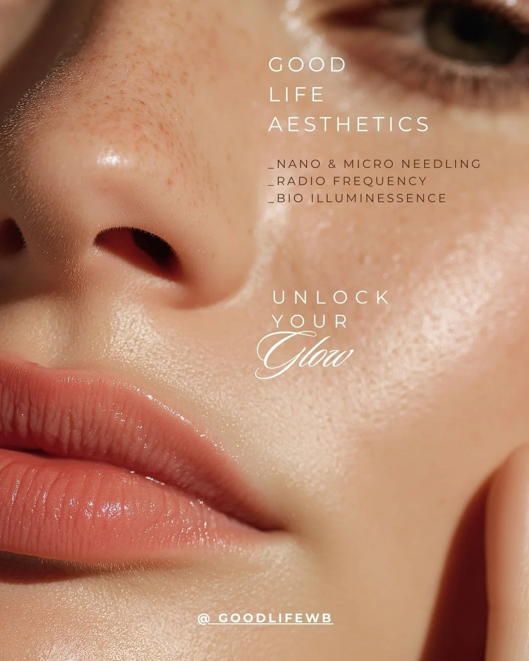 Close-up of a woman's face showcasing clear skin, with text overlay about aesthetic treatments and skincare, including nano and micro needling, radio frequency, and bio illuminescence.