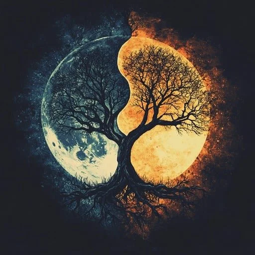 A stylized yin-yang symbol combining a night scene with a moon and a daytime scene with the sun, featuring a tree with branches and roots.