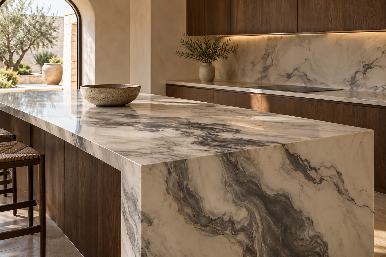 Design concept: a cream resin kitchen island with expressive charcoal veining, waterfall edges and oak cabinetry.