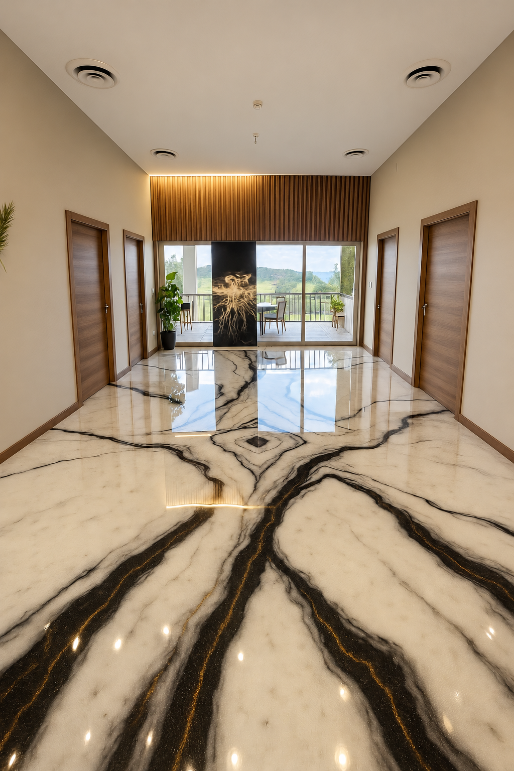 Glossy cream resin floor with flowing black veining and reflections of garden-facing windows.