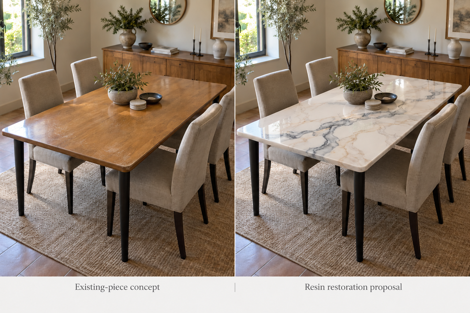 DINING TABLE · An existing tabletop reimagined with ivory marble-effect resin.