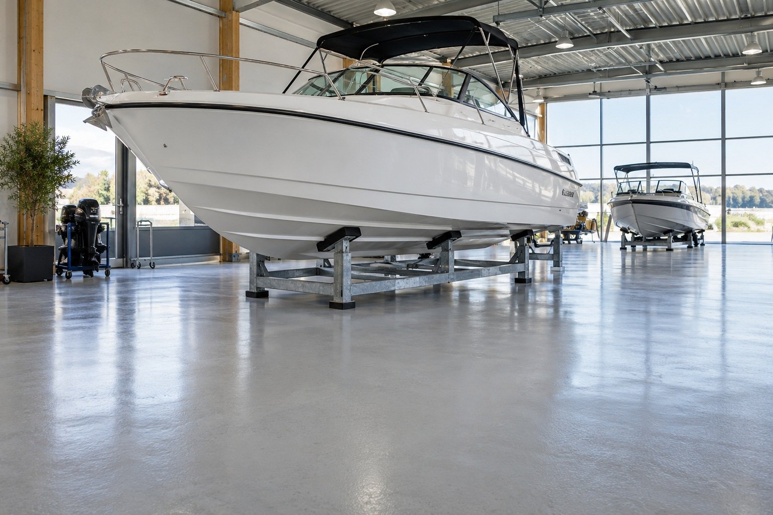 Indoor boat showroom design study with a pale resin floor, a display boat and daylight through tall windows