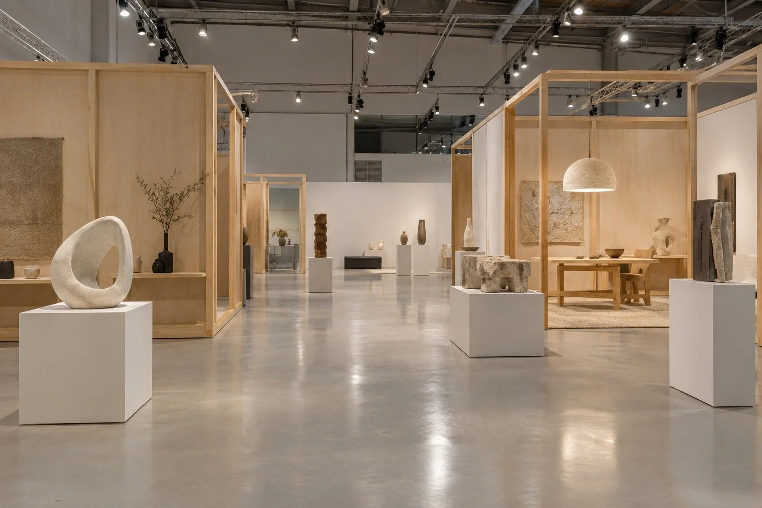 Temporary exhibition design study with display plinths, track lighting and a warm grey resin floor